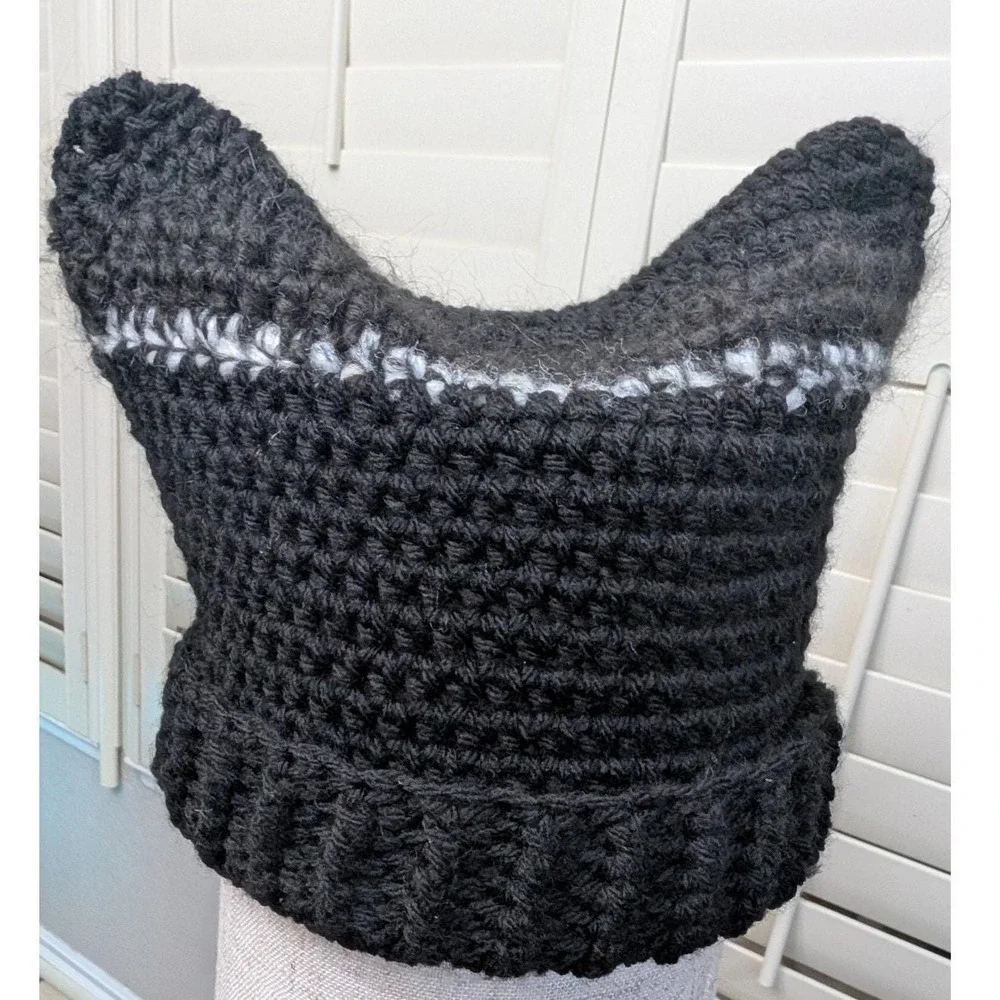 Handmade Crochet Knit Cat Ear Beanie Hat Cottage Y2K Goth Emo Punk Whimsigoth